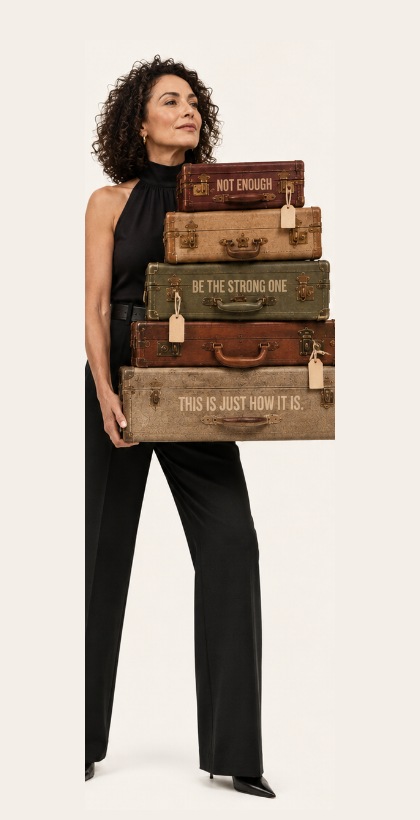 Woman holding a stack of vintage luggage with inherited family scripts