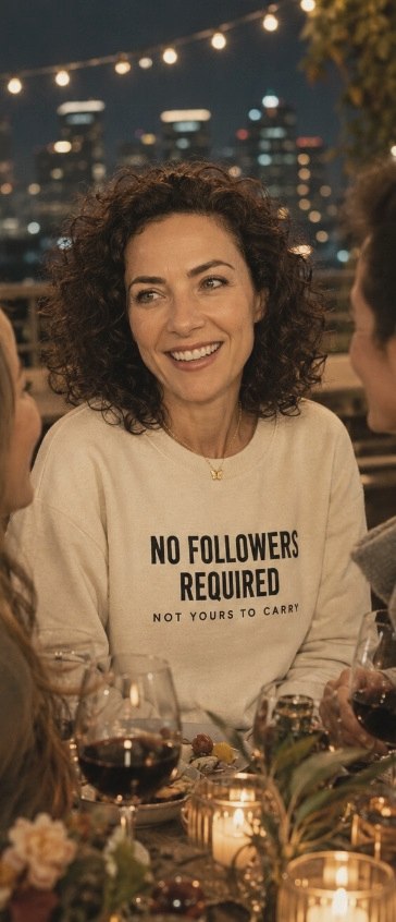 Dinner gathering with candle light and No Followers Required sweatshirt