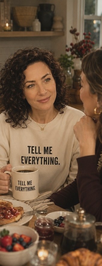 Two friends laughing over coffee mugs with Tell Me Everything apparel