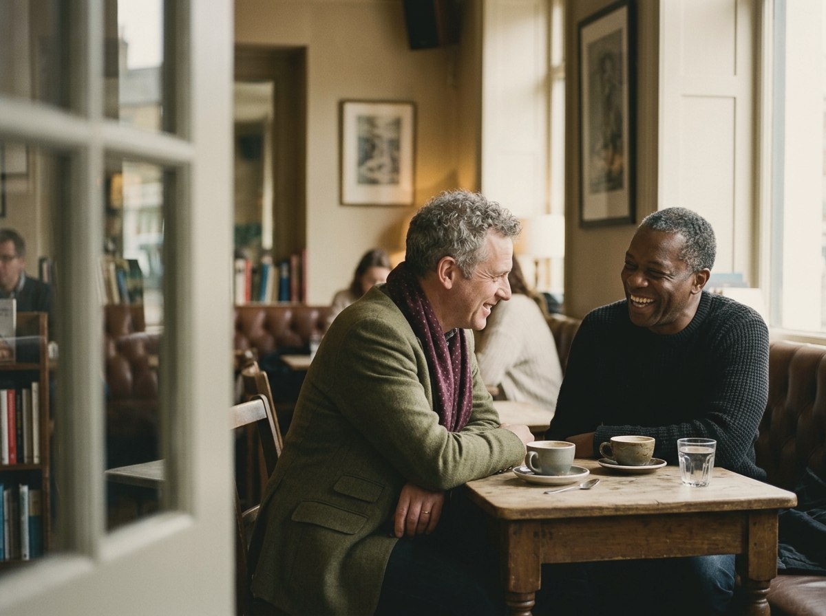 Two men in their fifties talking and laughing in a warm café