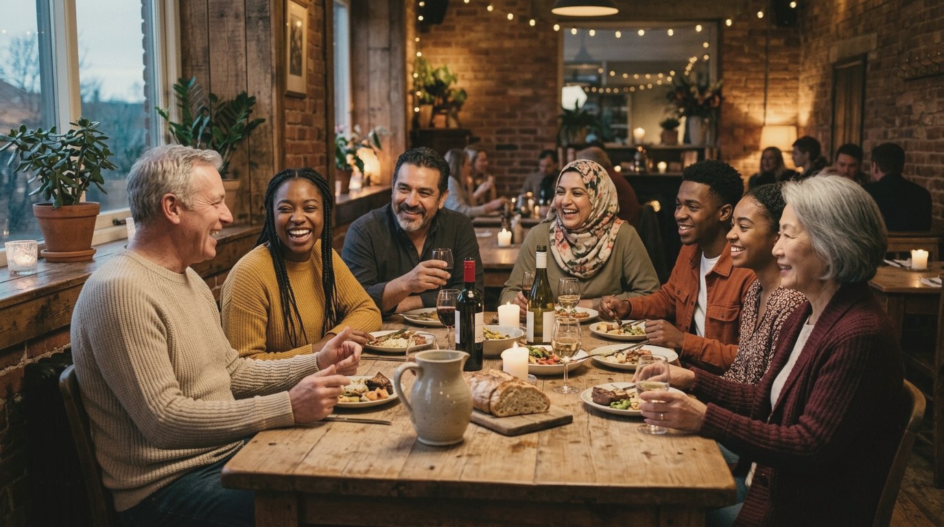 Diverse group of adults sharing dinner and laughing around a long wooden table