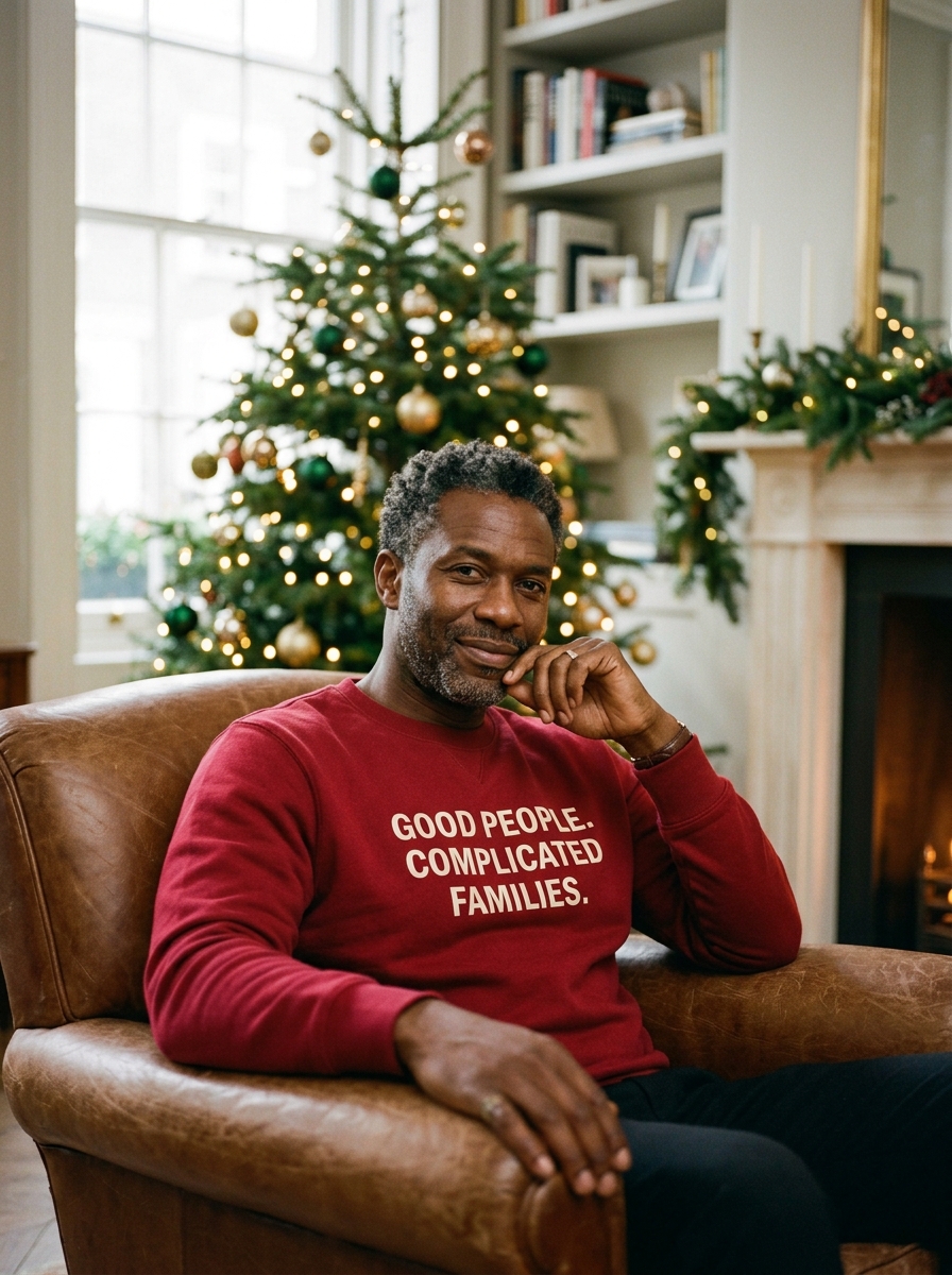 Man wearing GOOD PEOPLE. COMPLICATED FAMILIES. crimson Christmas crewneck