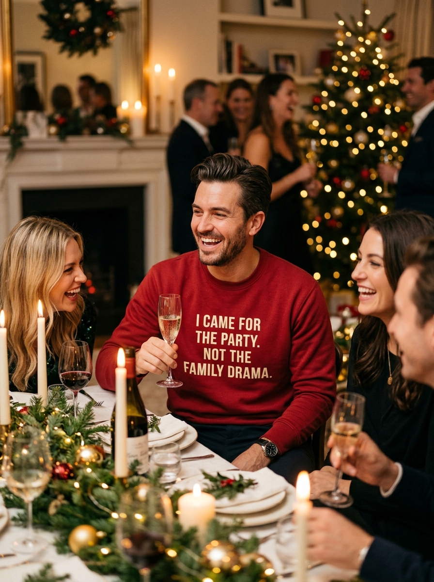 Man holding champagne wearing I CAME FOR THE PARTY. NOT THE FAMILY DRAMA. crimson sweatshirt