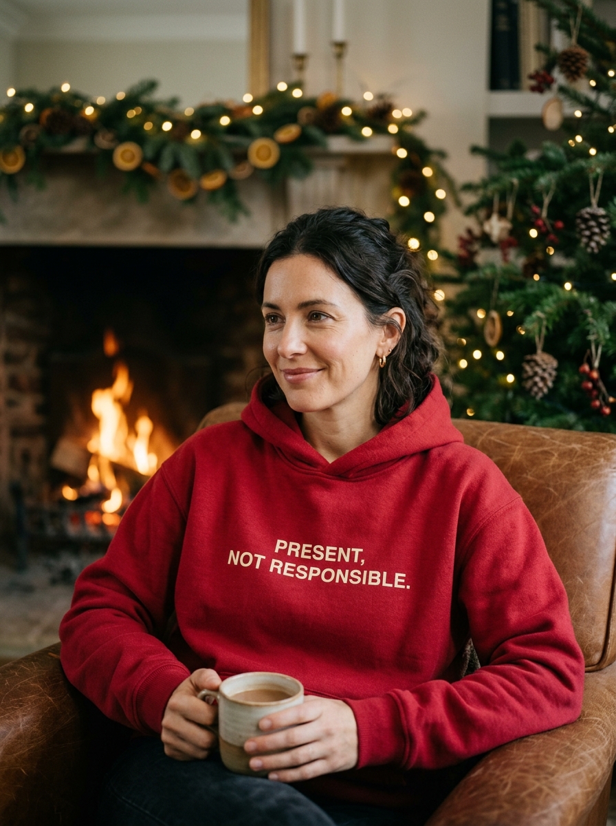 Woman wearing PRESENT, NOT RESPONSIBLE. crimson Christmas luxury hoodie by fireplace