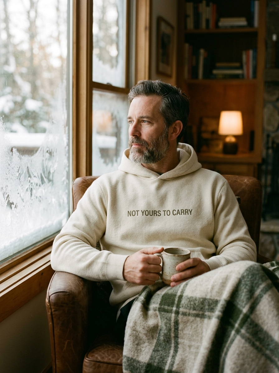 Man wearing NOT YOURS TO CARRY pampering winter hoodie by snowy window