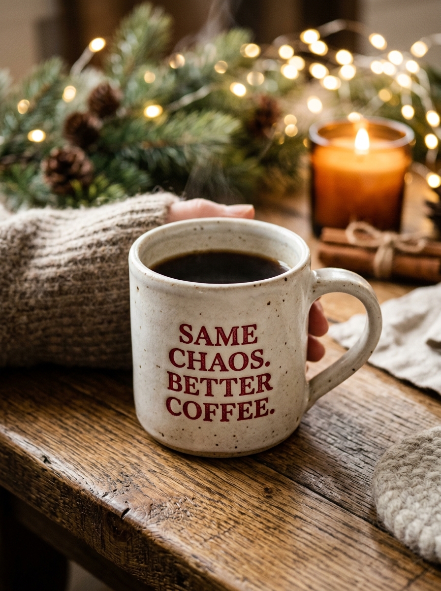 Tactile stoneware mug reading SAME CHAOS. BETTER COFFEE. on holiday table