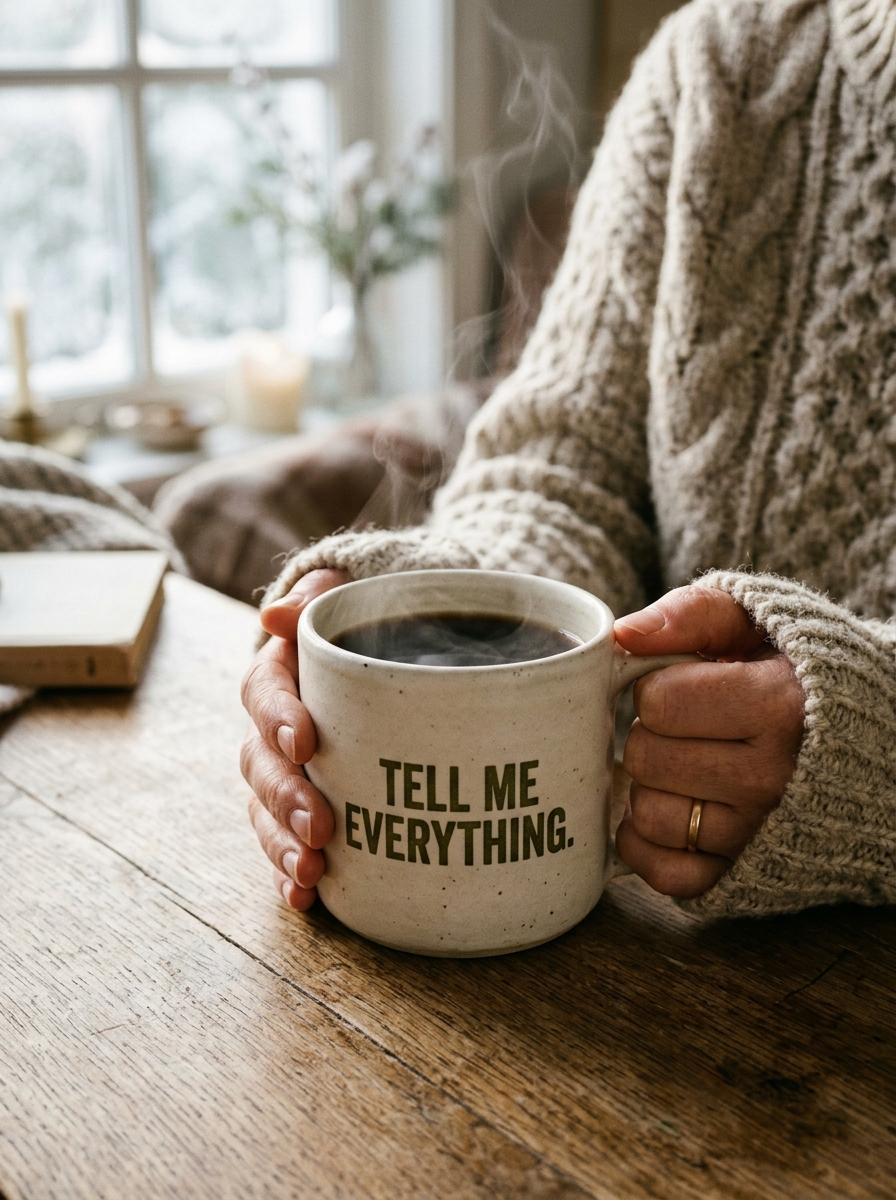 Hands holding steaming ceramic mug in chunky knit sweater