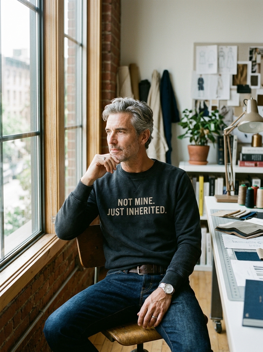 Man wearing NOT MINE JUST INHERITED sweatshirt