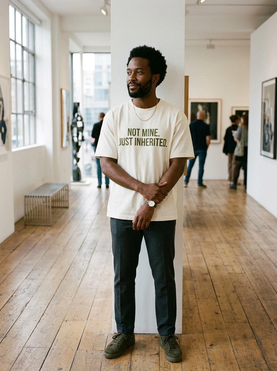 Man wearing NOT MINE JUST INHERITED heavyweight tee