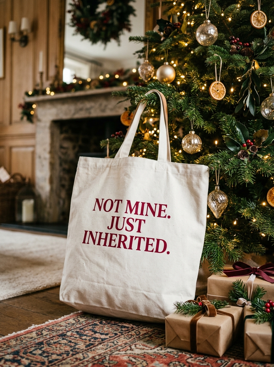 Natural canvas tote bag reading NOT MINE. JUST INHERITED. with Christmas tree